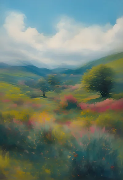Impressionistic Landscape Painting Of A Rolling Meadow