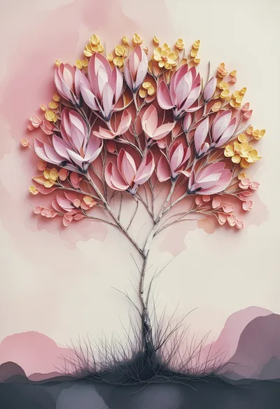 Stylized Paper Quilling Magnolia Tree Illustration