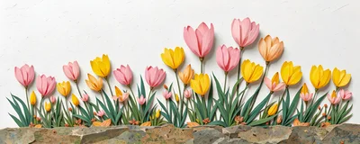 Paper Craft Tulips Against A Stone Wall