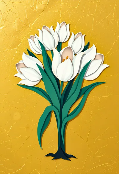 Paper Cutout Style White Tulips On Gold Background