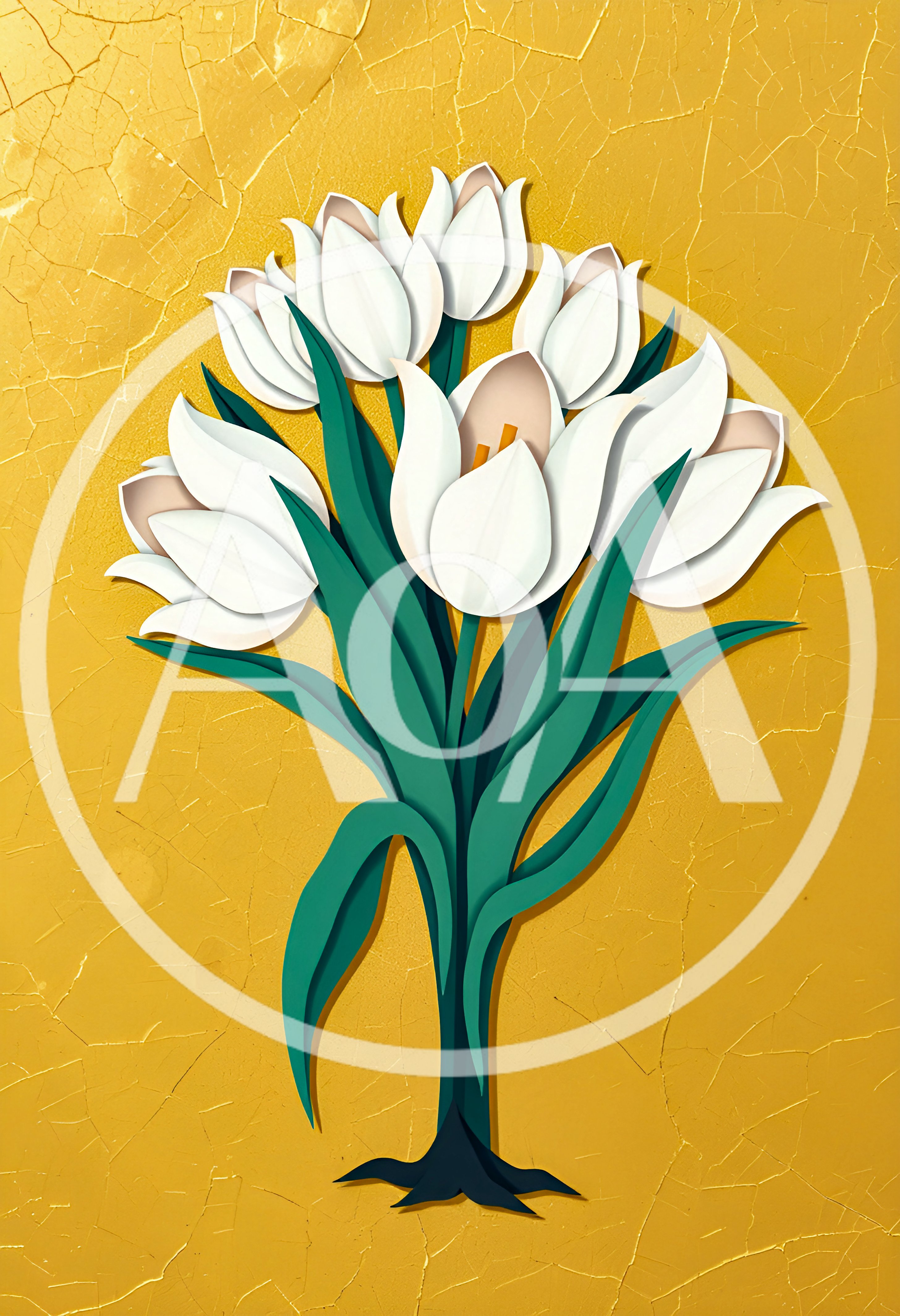 Paper Cutout Style White Tulips On Gold Background