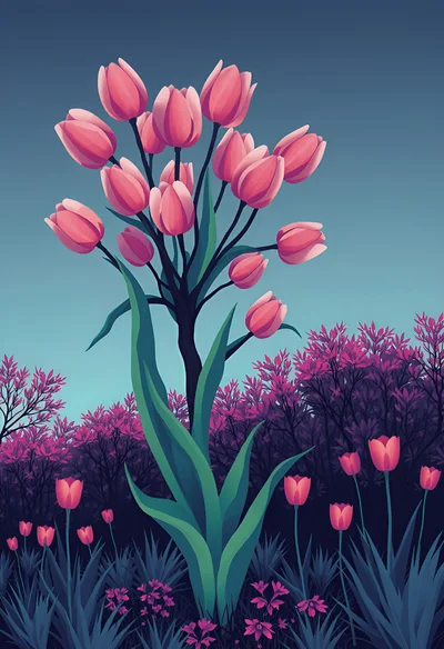 Stylized Illustration Of A Large Pink Tulip Bouquet