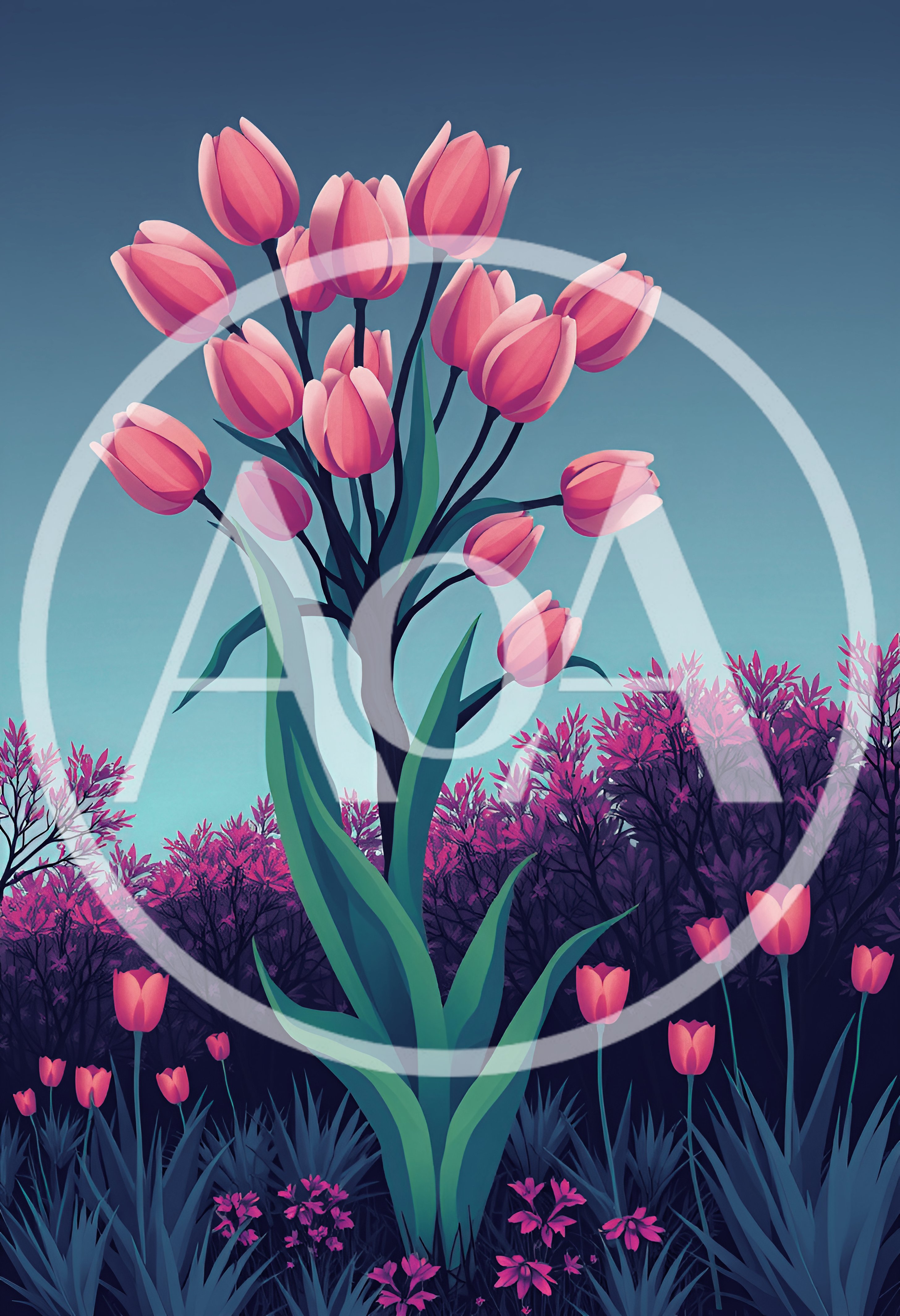Stylized Illustration Of A Large Pink Tulip Bouquet