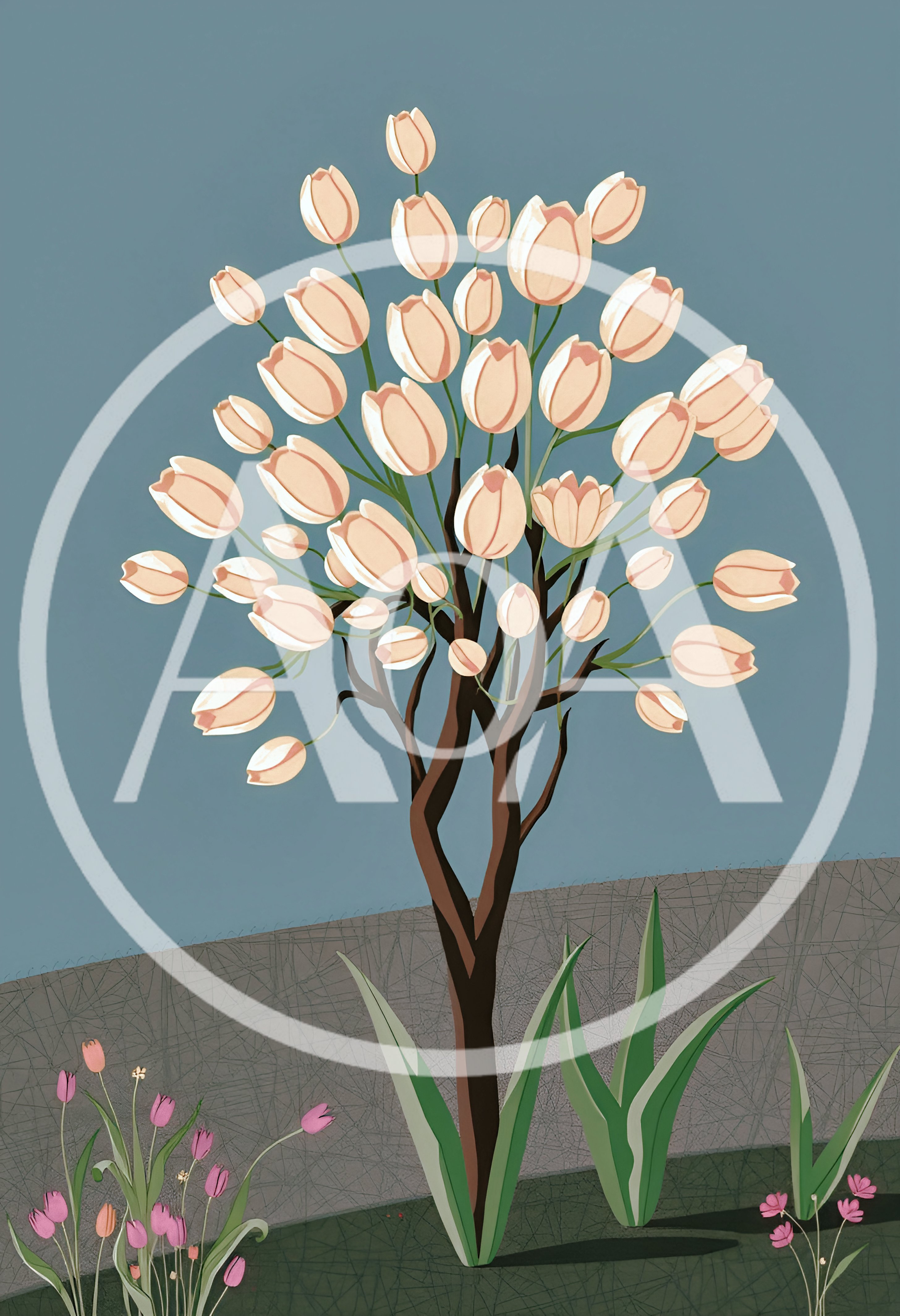 Stylized Illustration Of A Tulip Tree With Pink Flowers