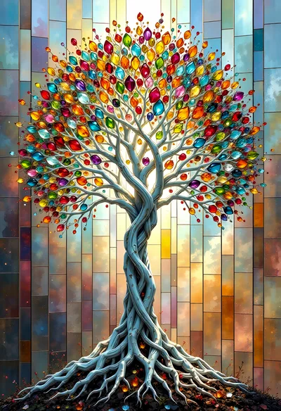 Stained Glass Style Tree With Colorful Gemstone Leaves
