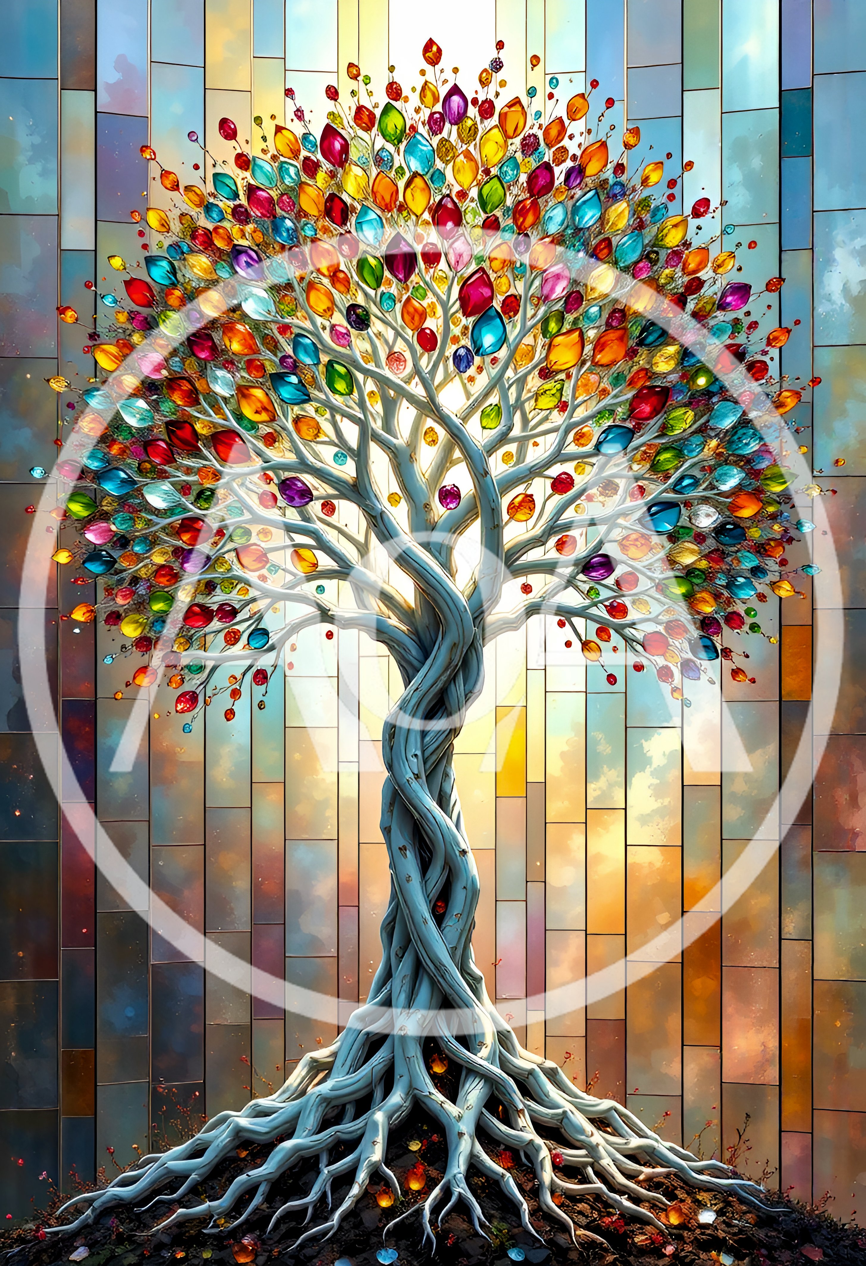 Stained Glass Style Tree With Colorful Gemstone Leaves