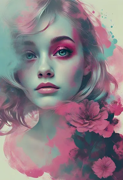 Digital Portrait Of A Woman With Floral Watercolor Elements