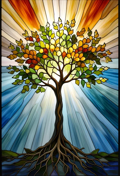 Stained Glass Tree Of Life With Radiant Sunburst