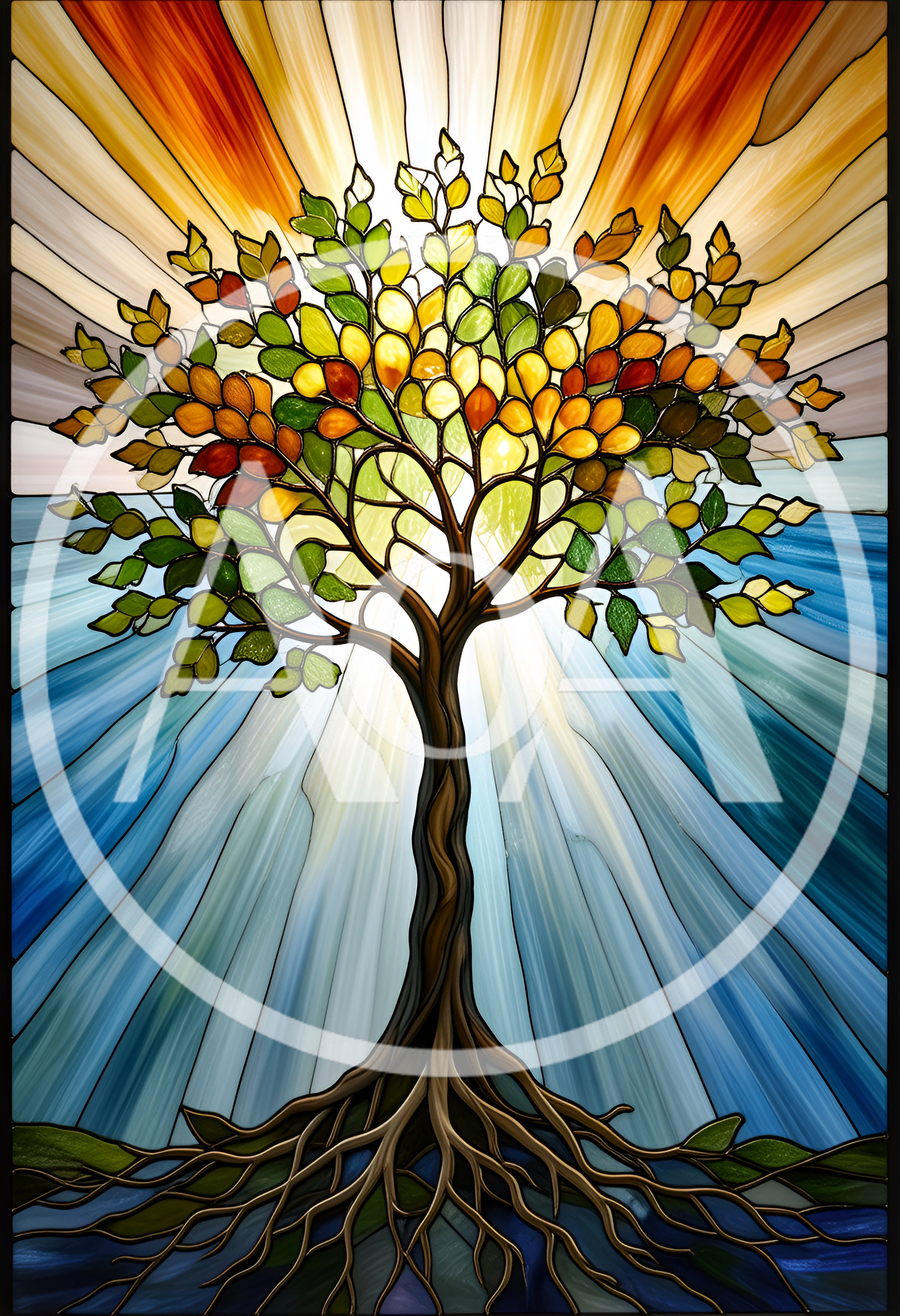 Stained Glass Tree Of Life With Radiant Sunburst