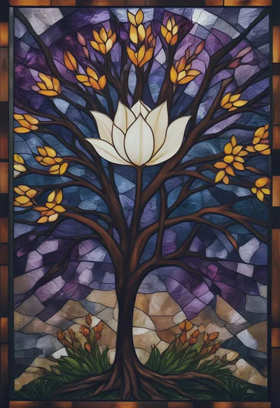 Stained Glass Tree With Central Lotus Flower