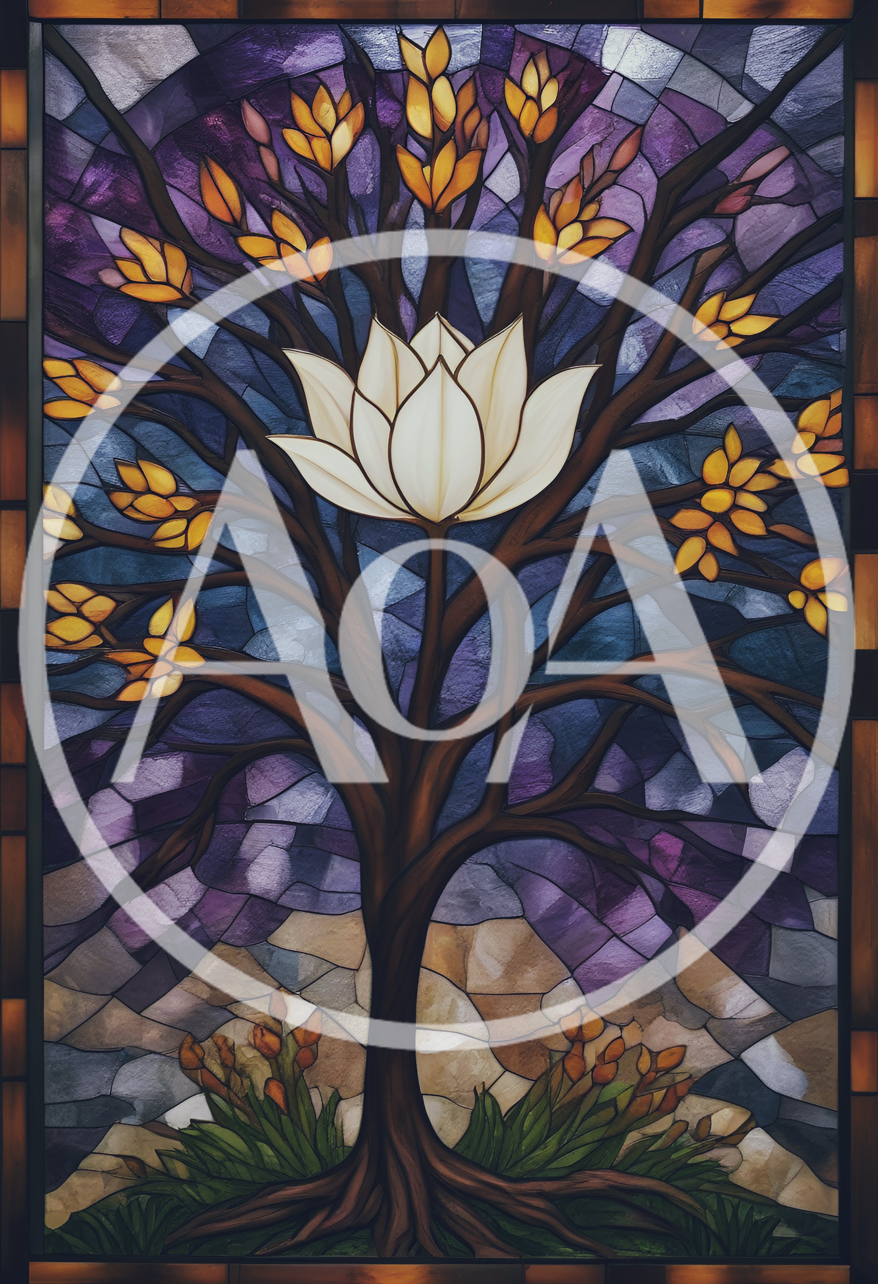 Stained Glass Tree With Central Lotus Flower