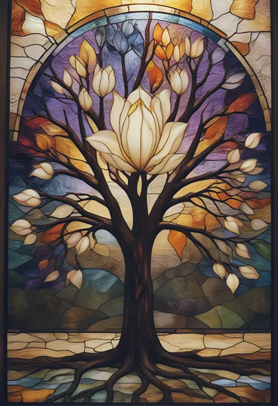 Stained Glass Tree With A Large Central Flower