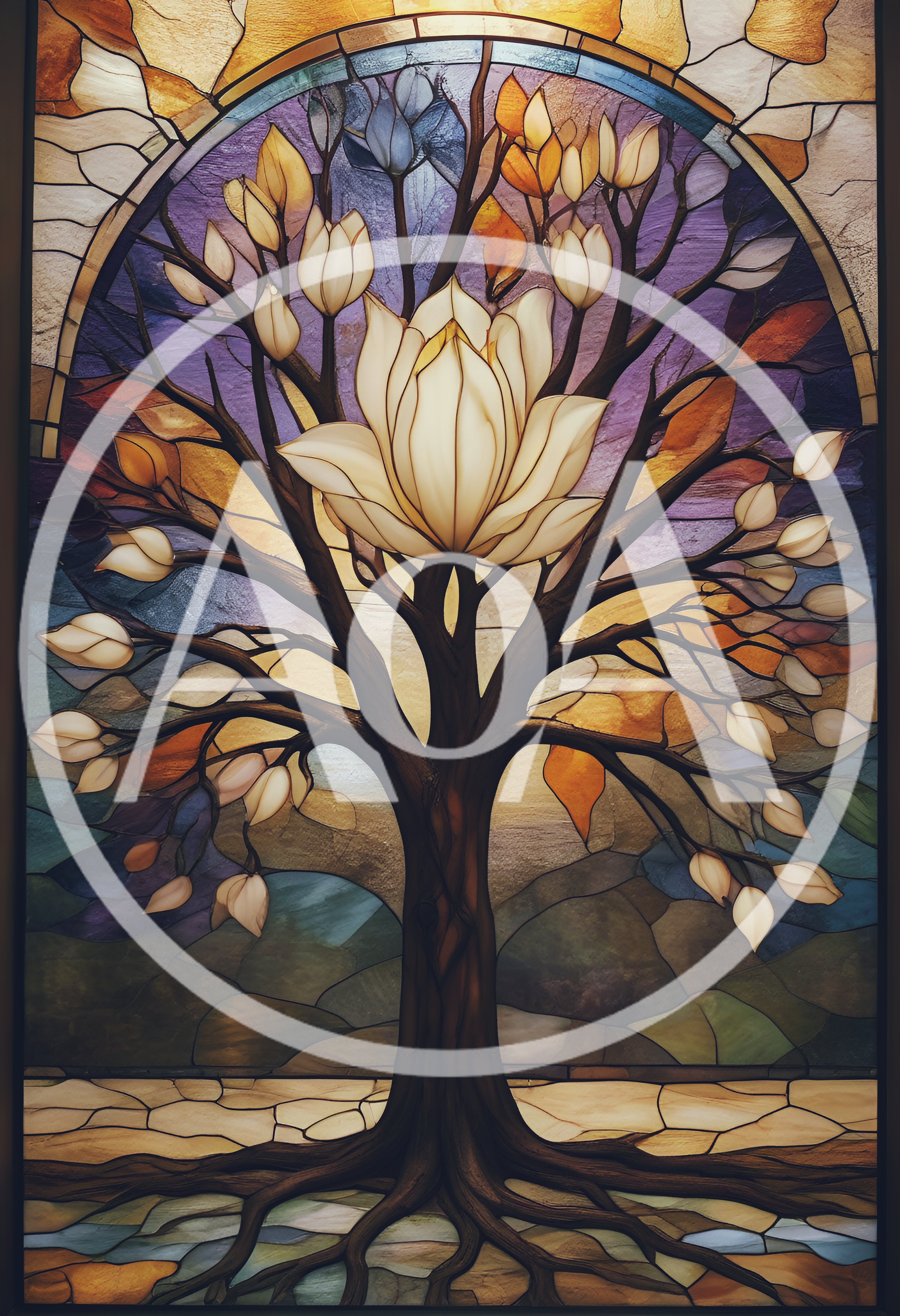 Stained Glass Tree With A Large Central Flower