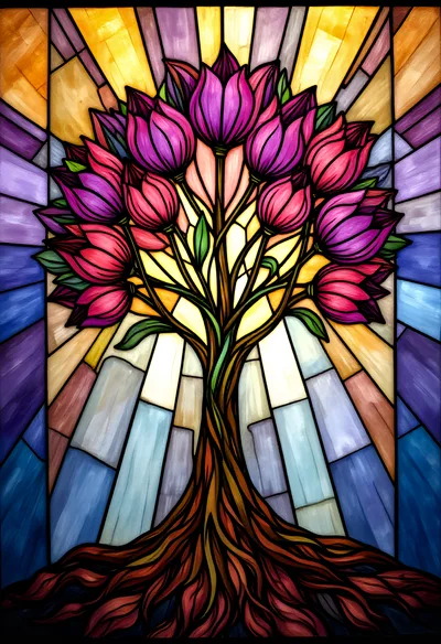 Stained Glass Tree With Vibrant Pink Tulip Blossoms