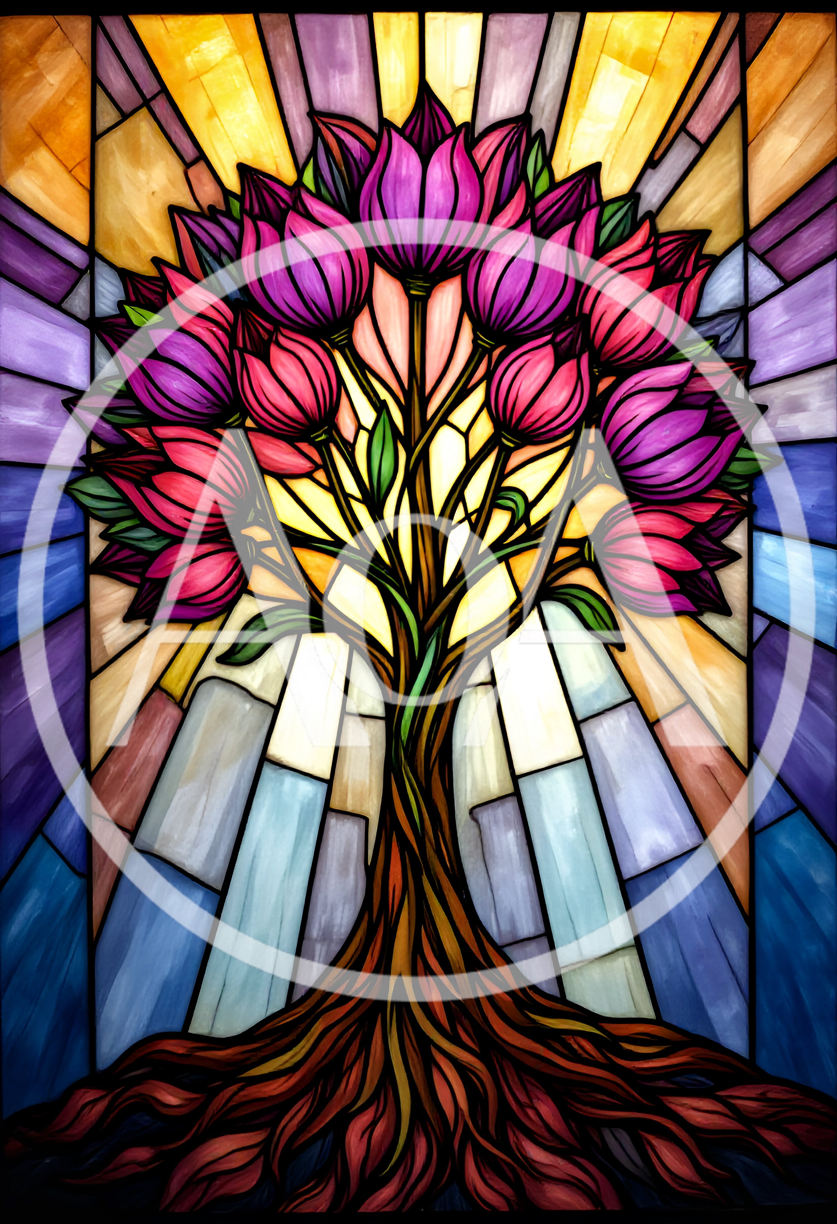 Stained Glass Tree With Vibrant Pink Tulip Blossoms
