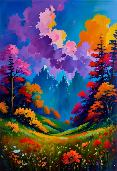 Vibrant Impressionist Landscape With Colorful Clouds And Wildflowers