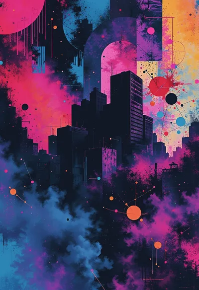 Abstract Digital Cityscape With Vibrant Neon Clouds