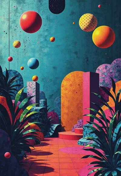 Surreal Abstract Landscape With Floating Spheres And Tropical Plants