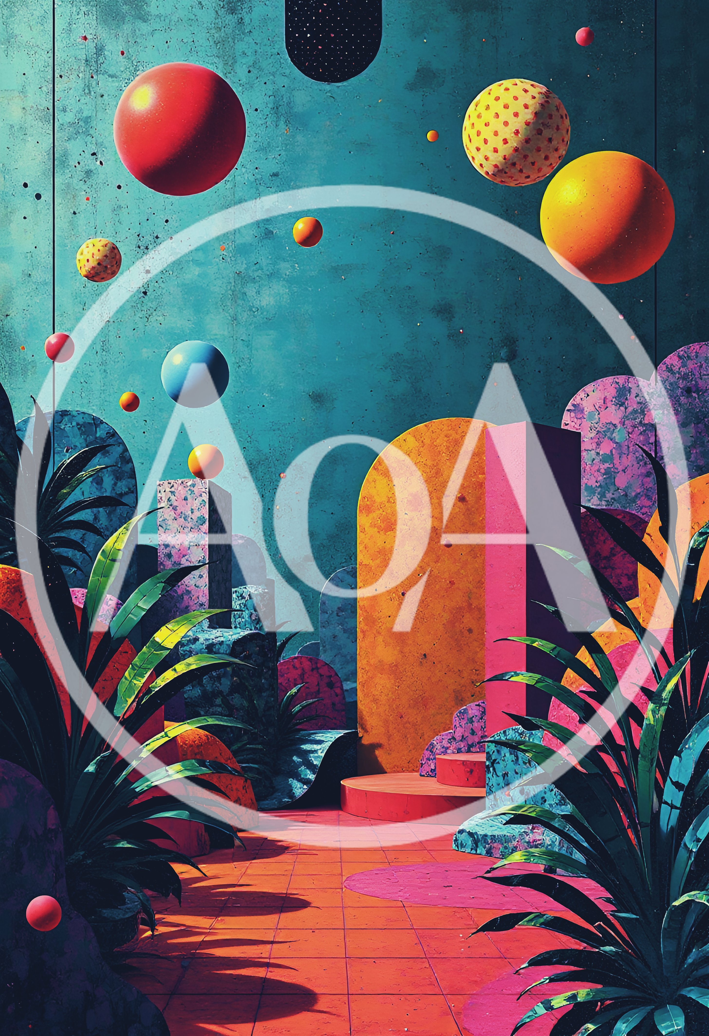 Surreal Abstract Landscape With Floating Spheres And Tropical Plants