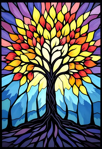 Stained Glass Style Tree With Vibrant Autumn Leaves