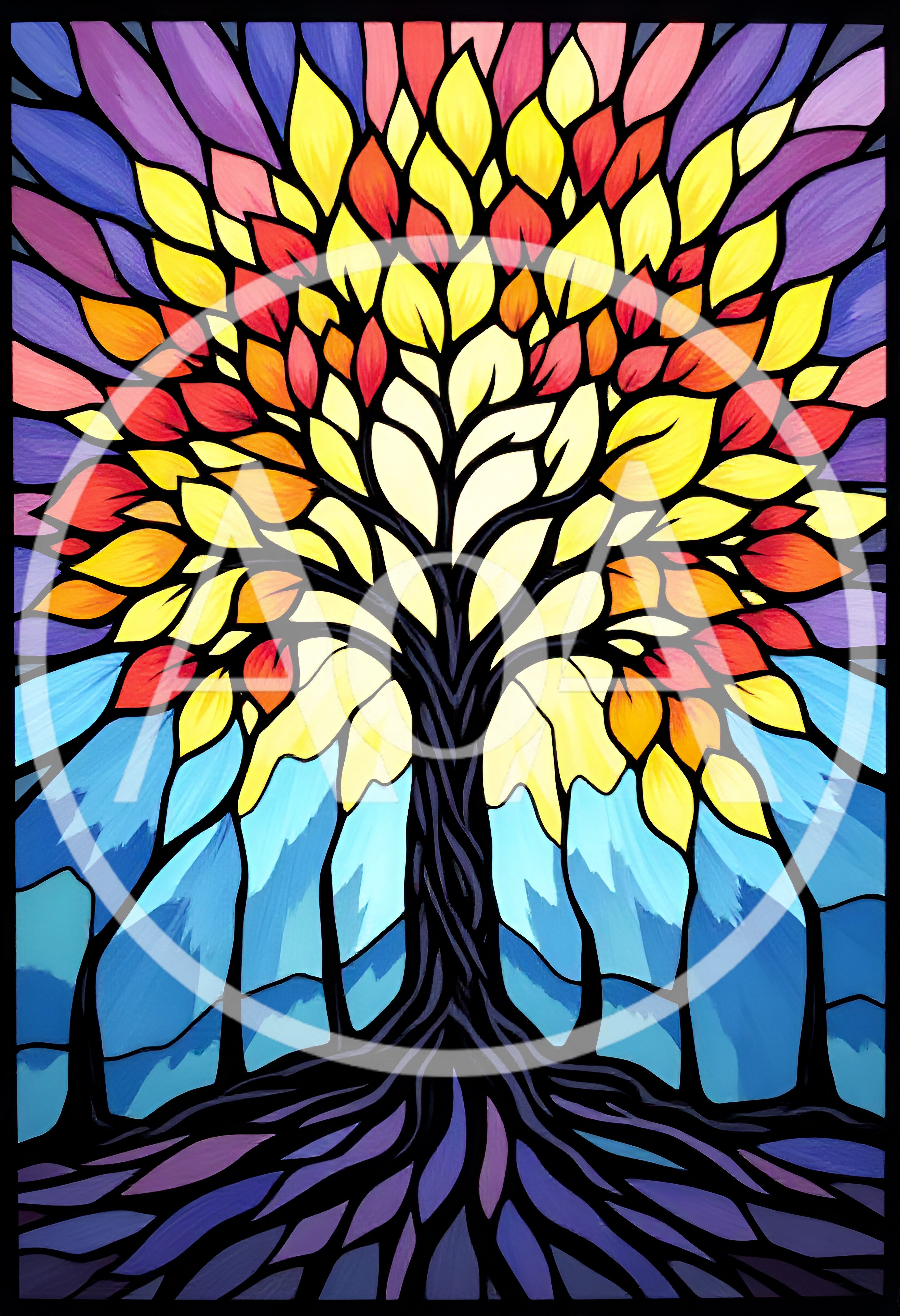 Stained Glass Style Tree With Vibrant Autumn Leaves