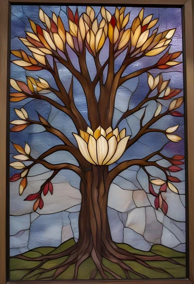 Stained Glass Tree With A Central Lotus Flower