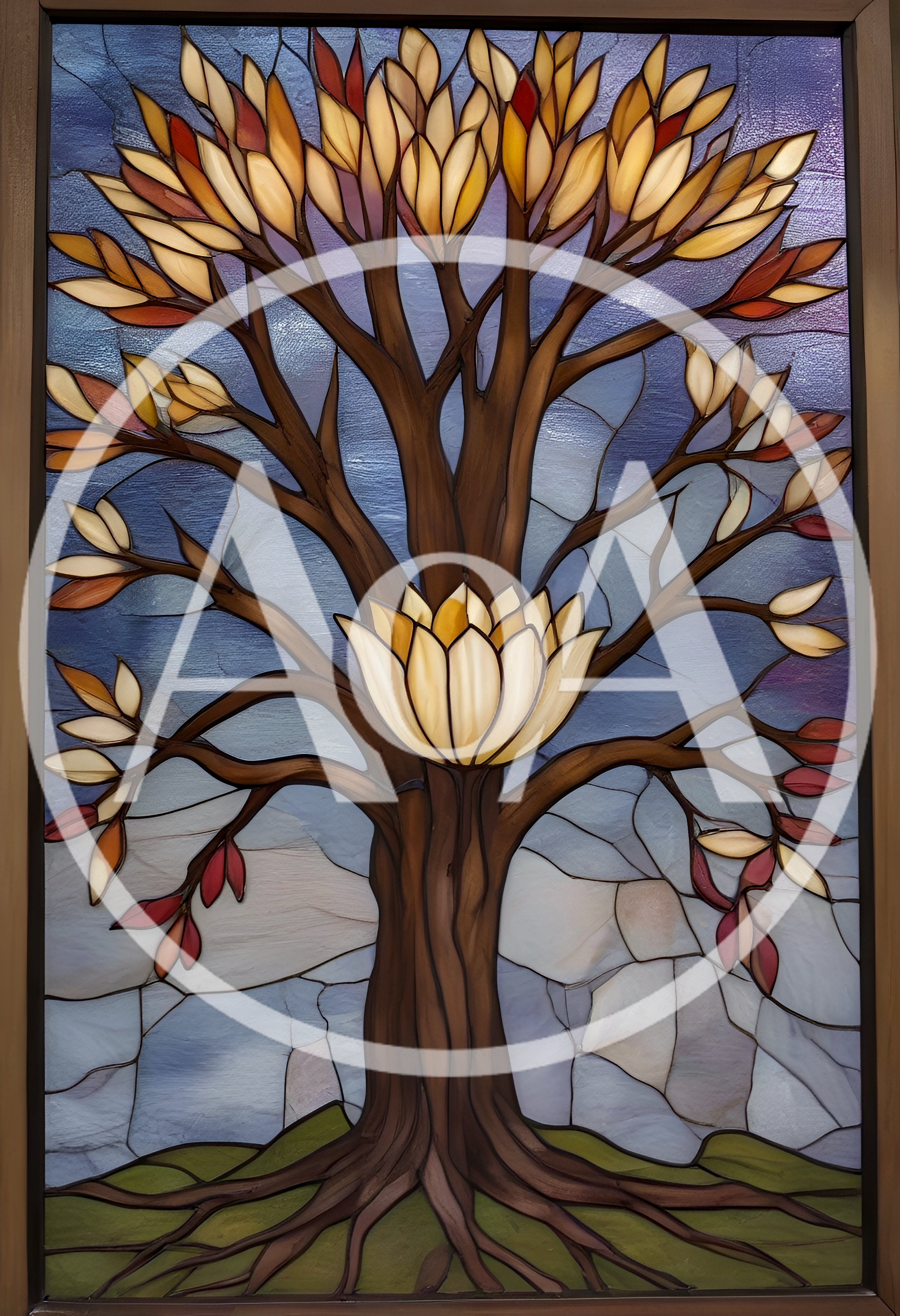 Stained Glass Tree With A Central Lotus Flower