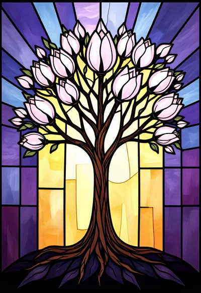 Stained Glass Tree With Pink Tulip Blossoms