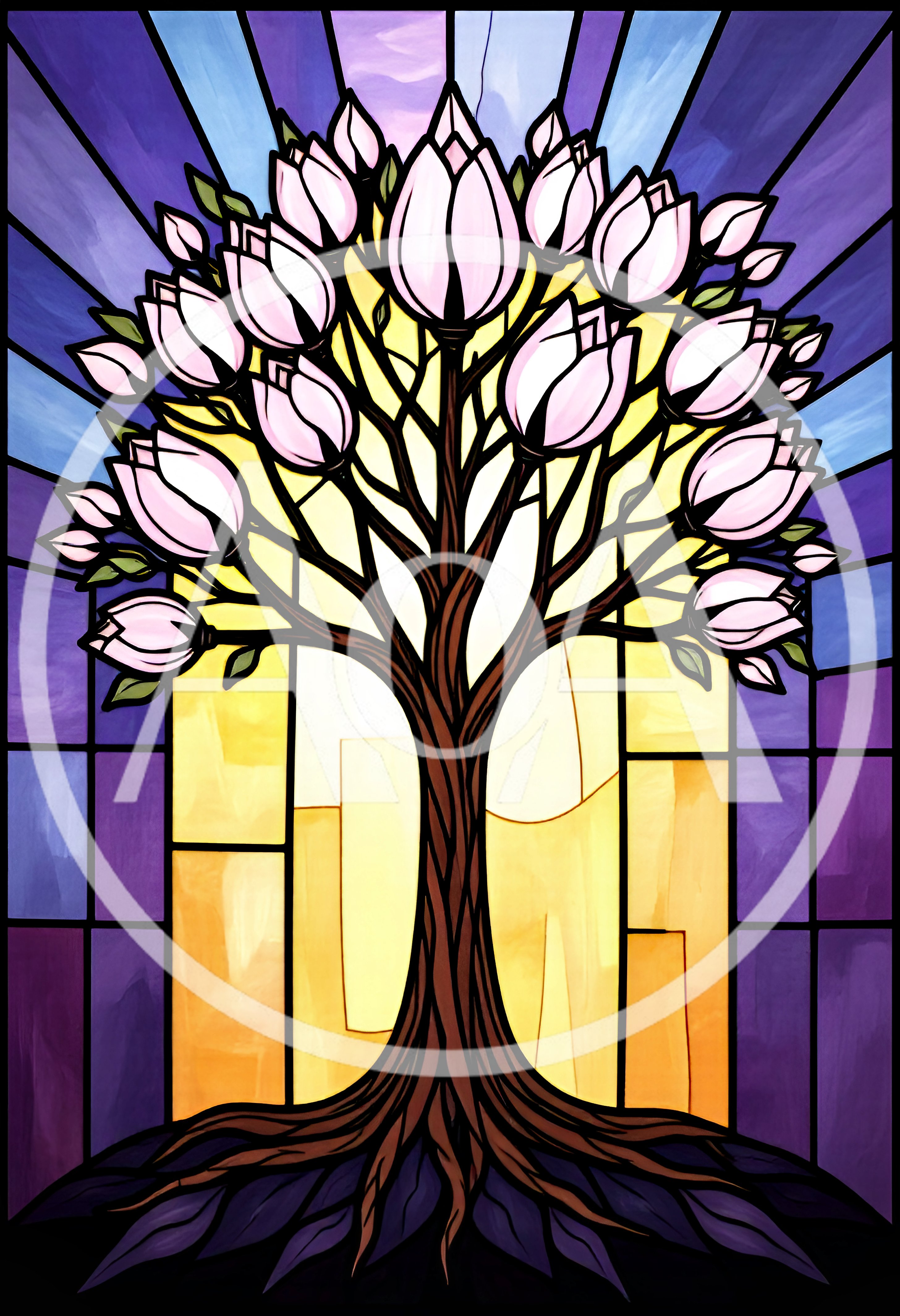 Stained Glass Tree With Pink Tulip Blossoms