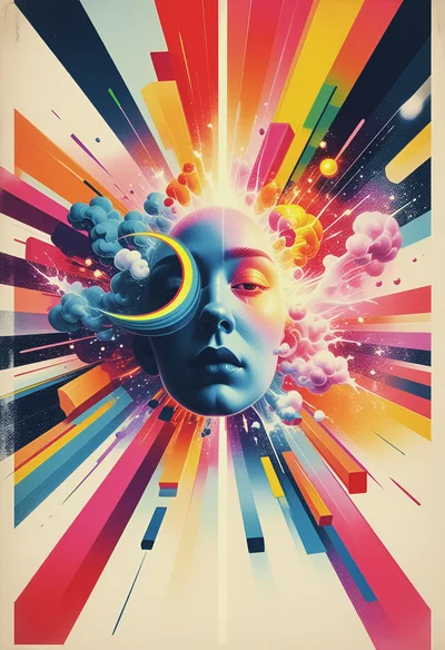 Surreal Human Face With Abstract Colorful Cosmic Explosion