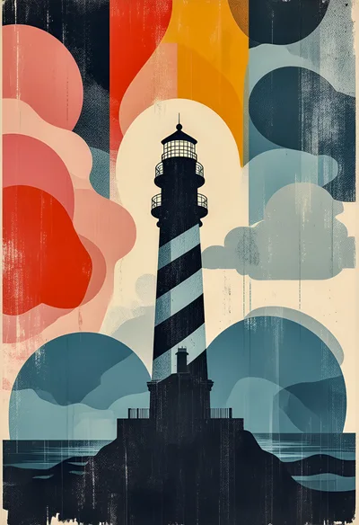 Stylized Graphic Illustration Of A Striped Lighthouse