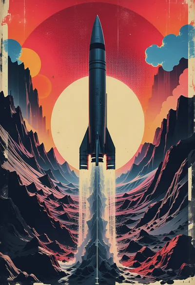 Retro Futuristic Rocket Launching Over Alien Landscape