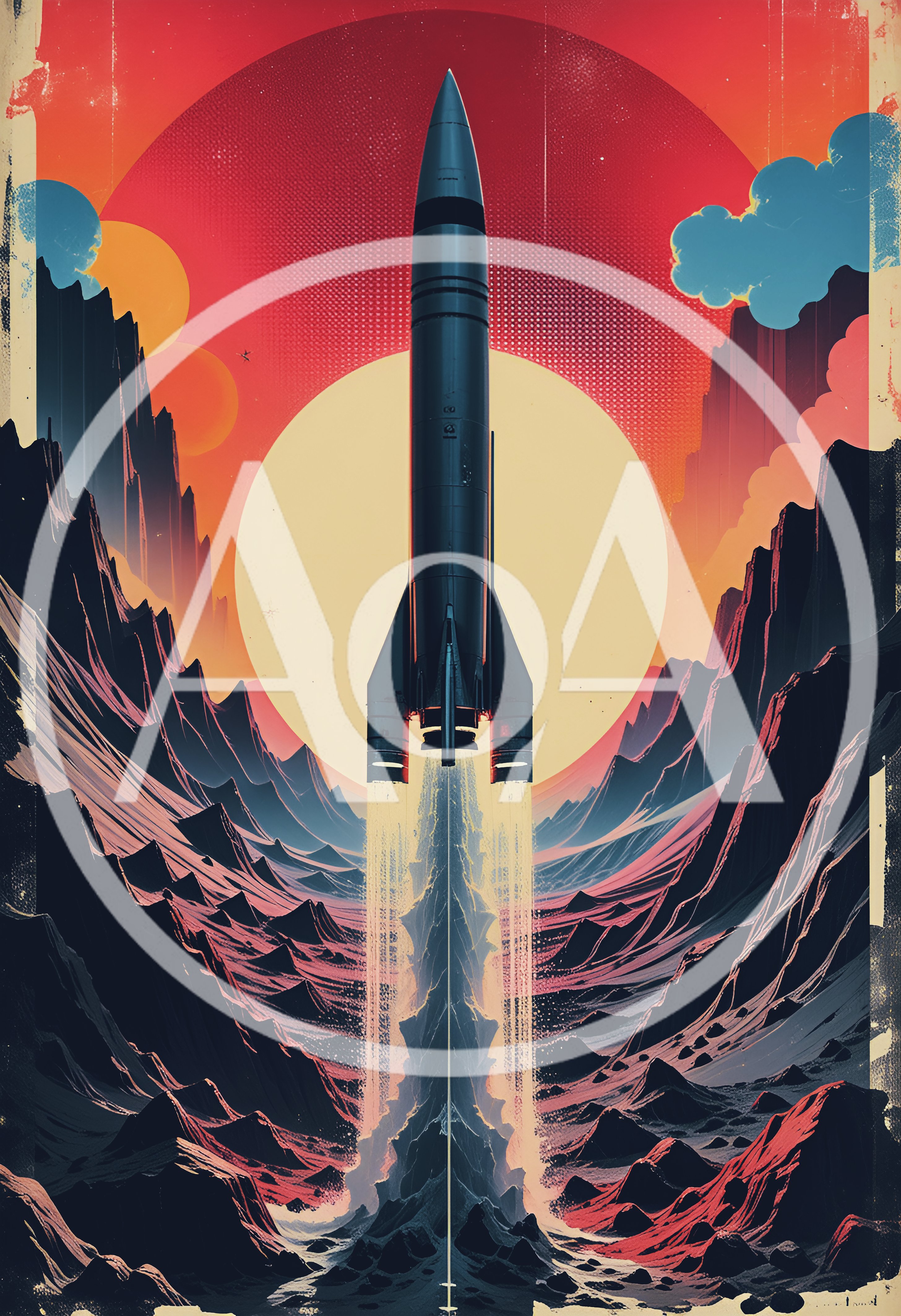 Retro Futuristic Rocket Launching Over Alien Landscape