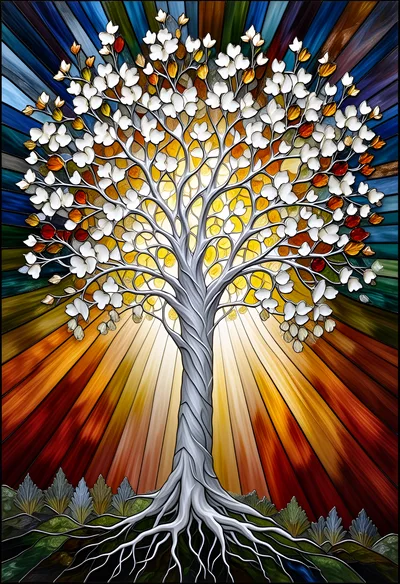 Stained Glass Tree Of Life With Radiant Sunburst