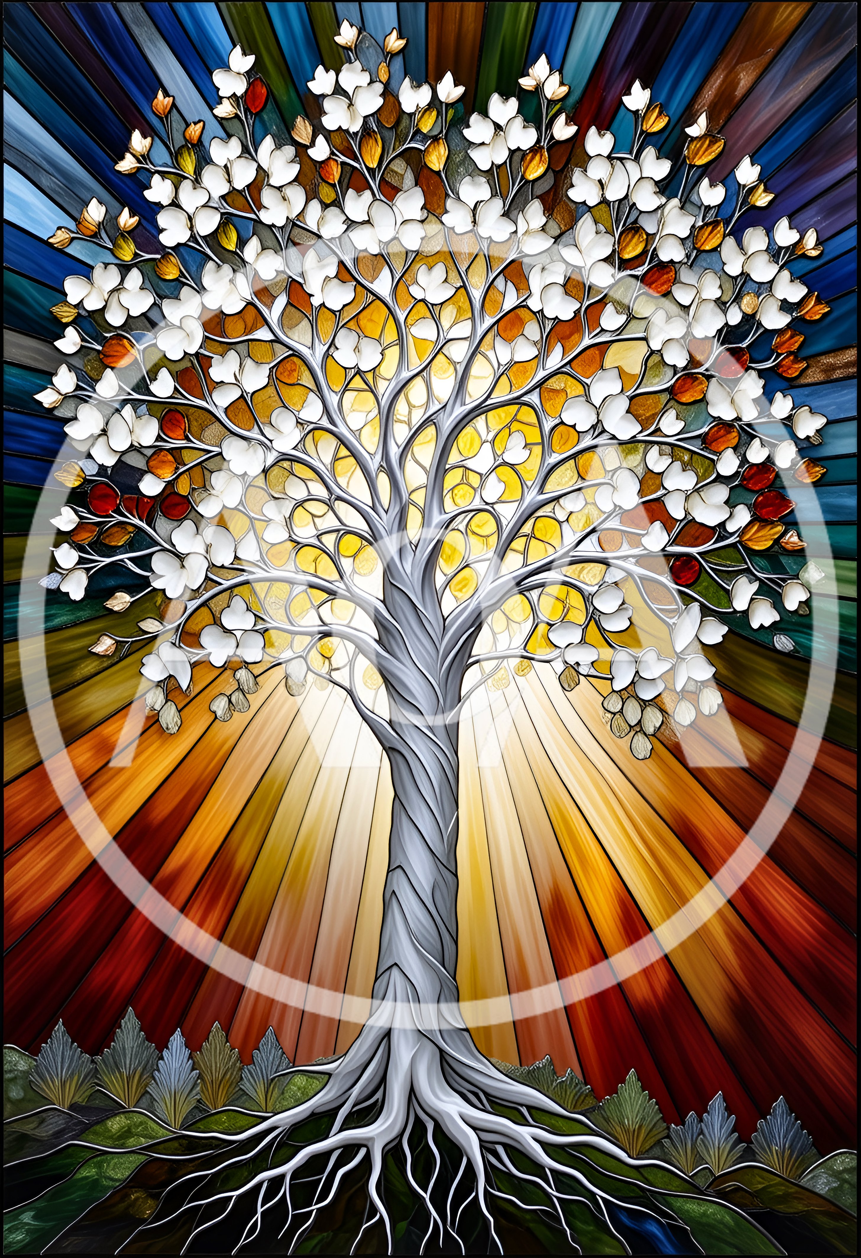Stained Glass Tree Of Life With Radiant Sunburst