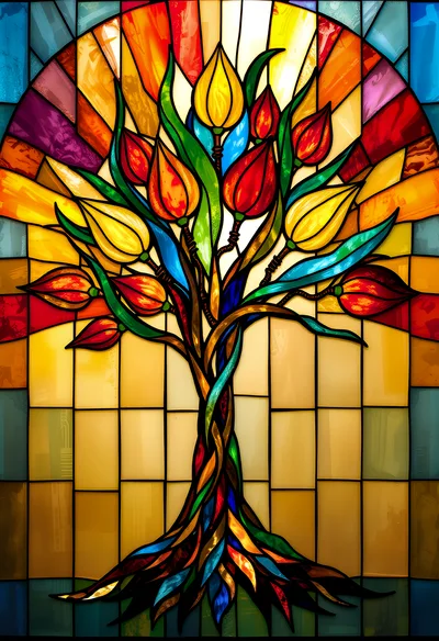 Stained Glass Tree With Vibrant Tulip Flowers