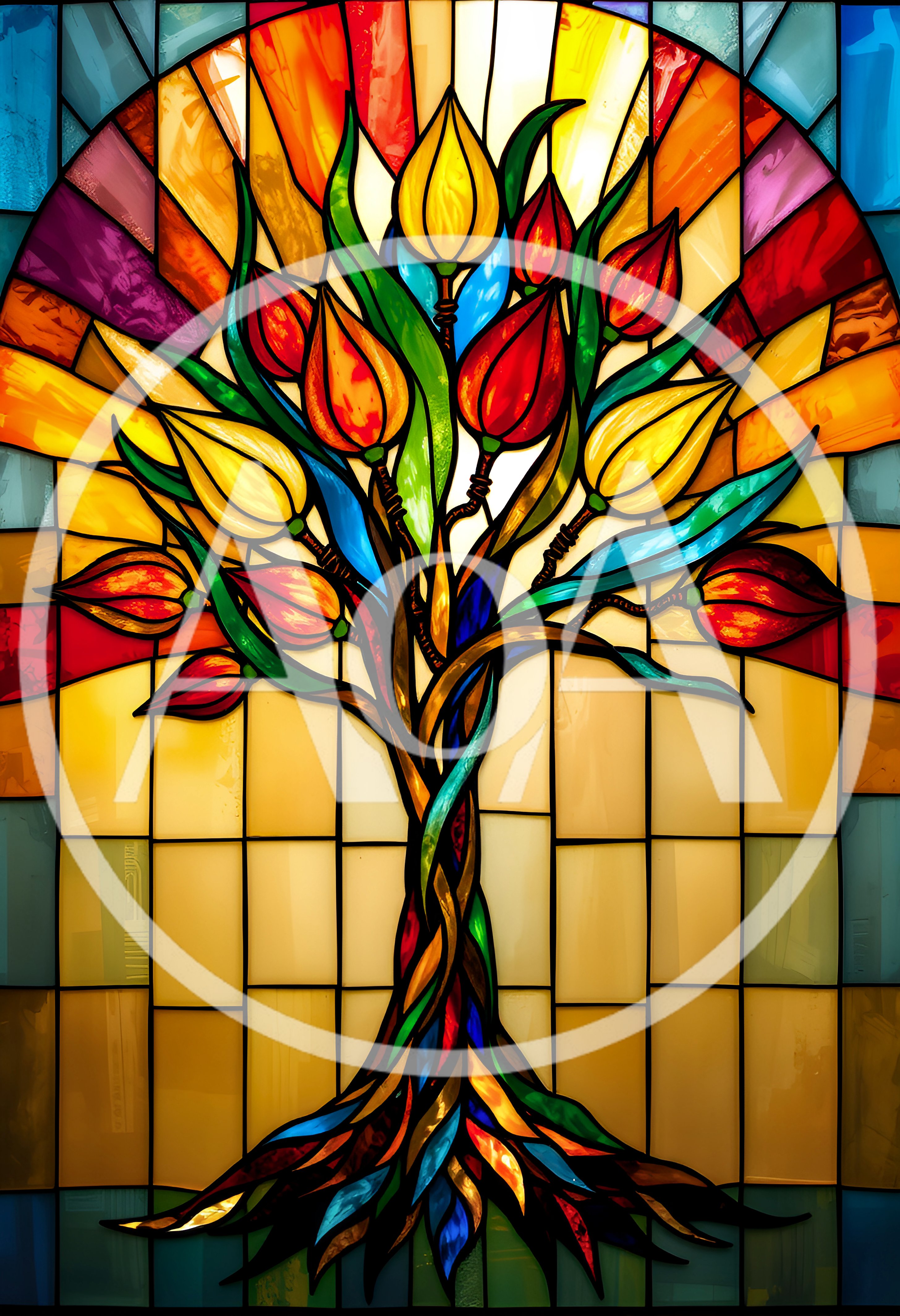 Stained Glass Tree With Vibrant Tulip Flowers