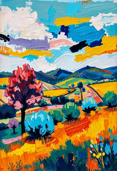 Impressionist Oil Painting Of Vibrant Rolling Countryside Landscape