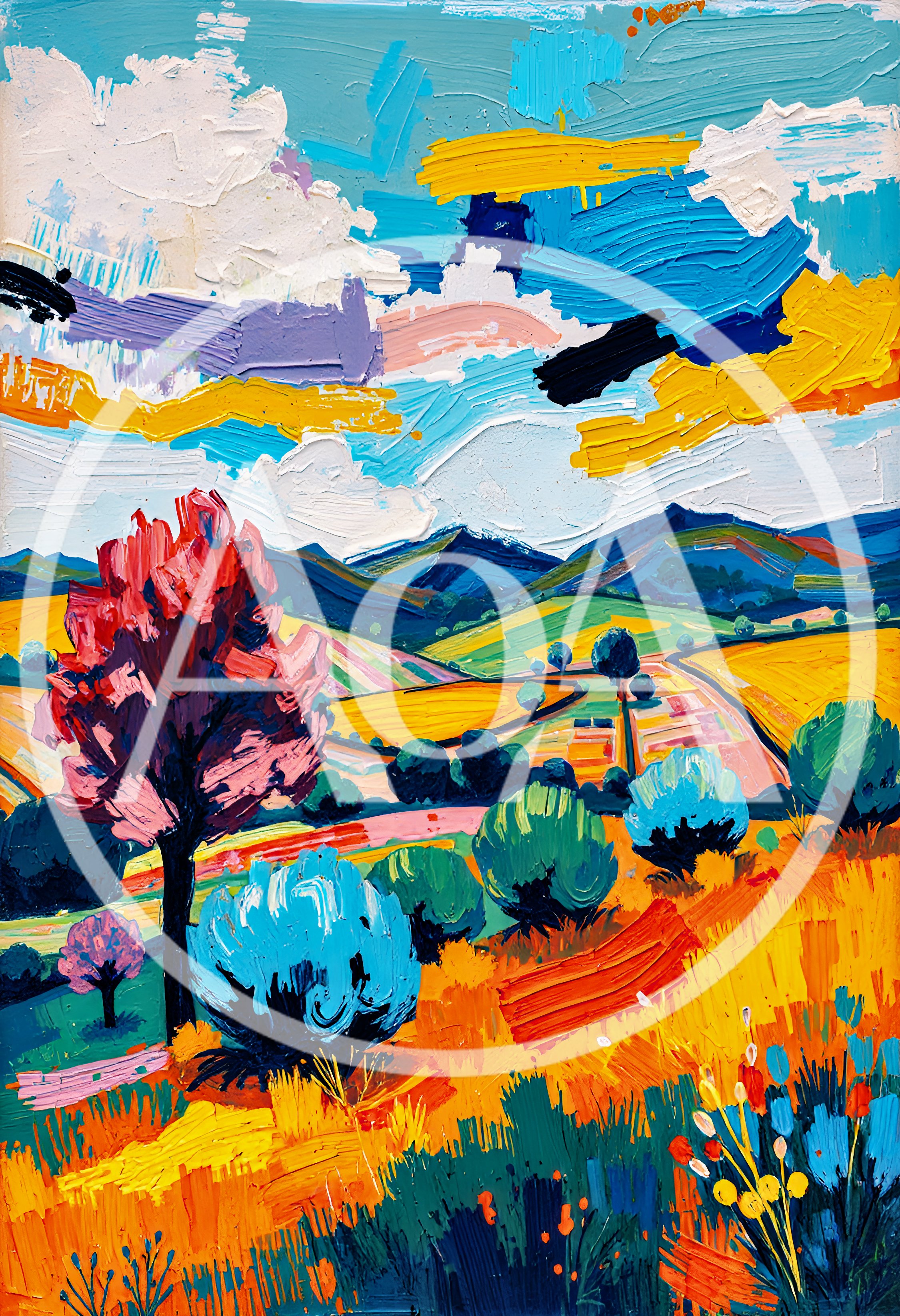 Impressionist Oil Painting Of Vibrant Rolling Countryside Landscape