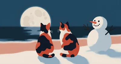 Two Calico Cats Sitting With A Snowman By Moonlight