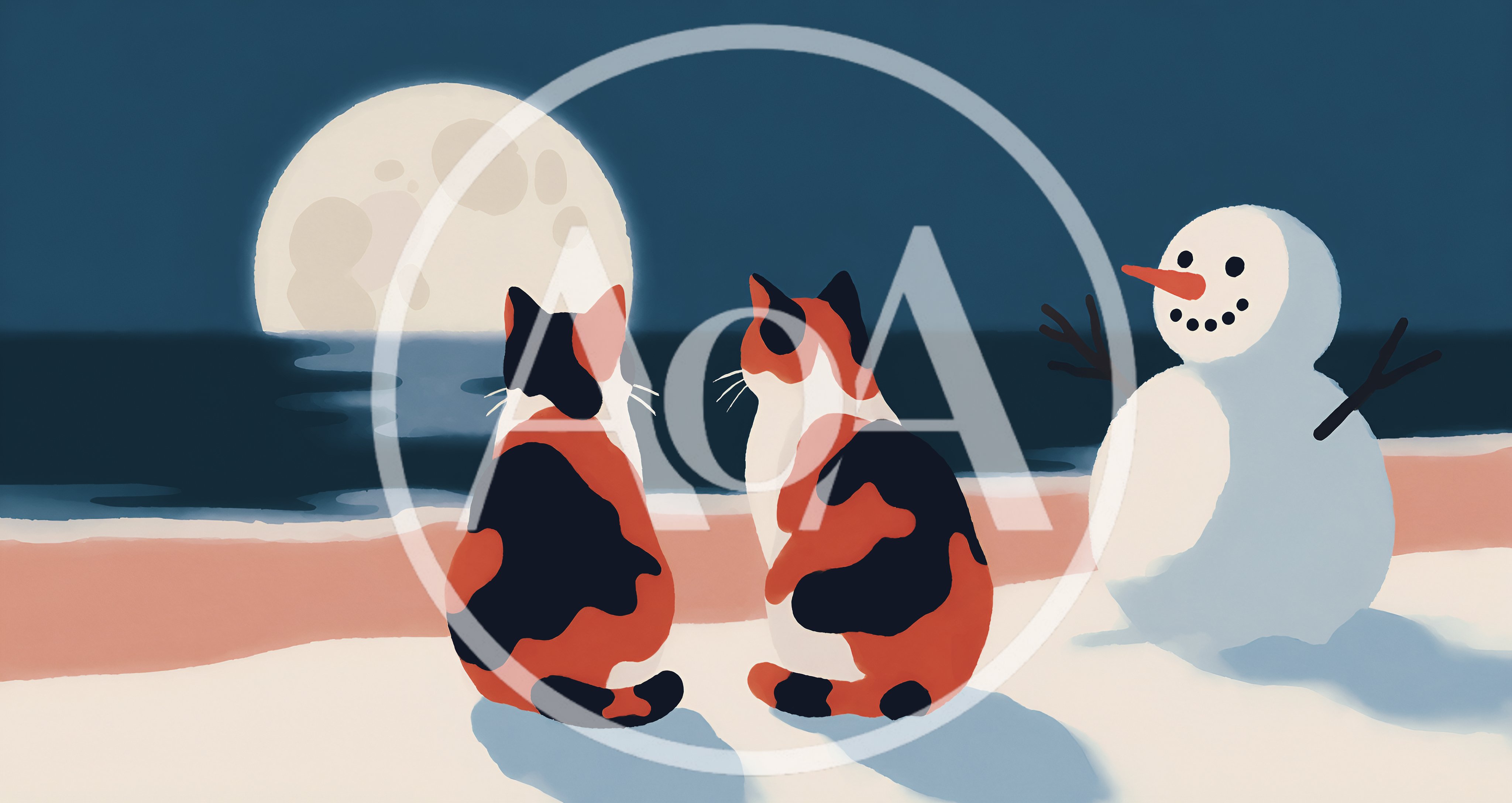 Two Calico Cats Sitting With A Snowman By Moonlight