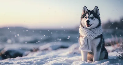 Siberian Husky Wearing A Scarf In Snowy Landscape