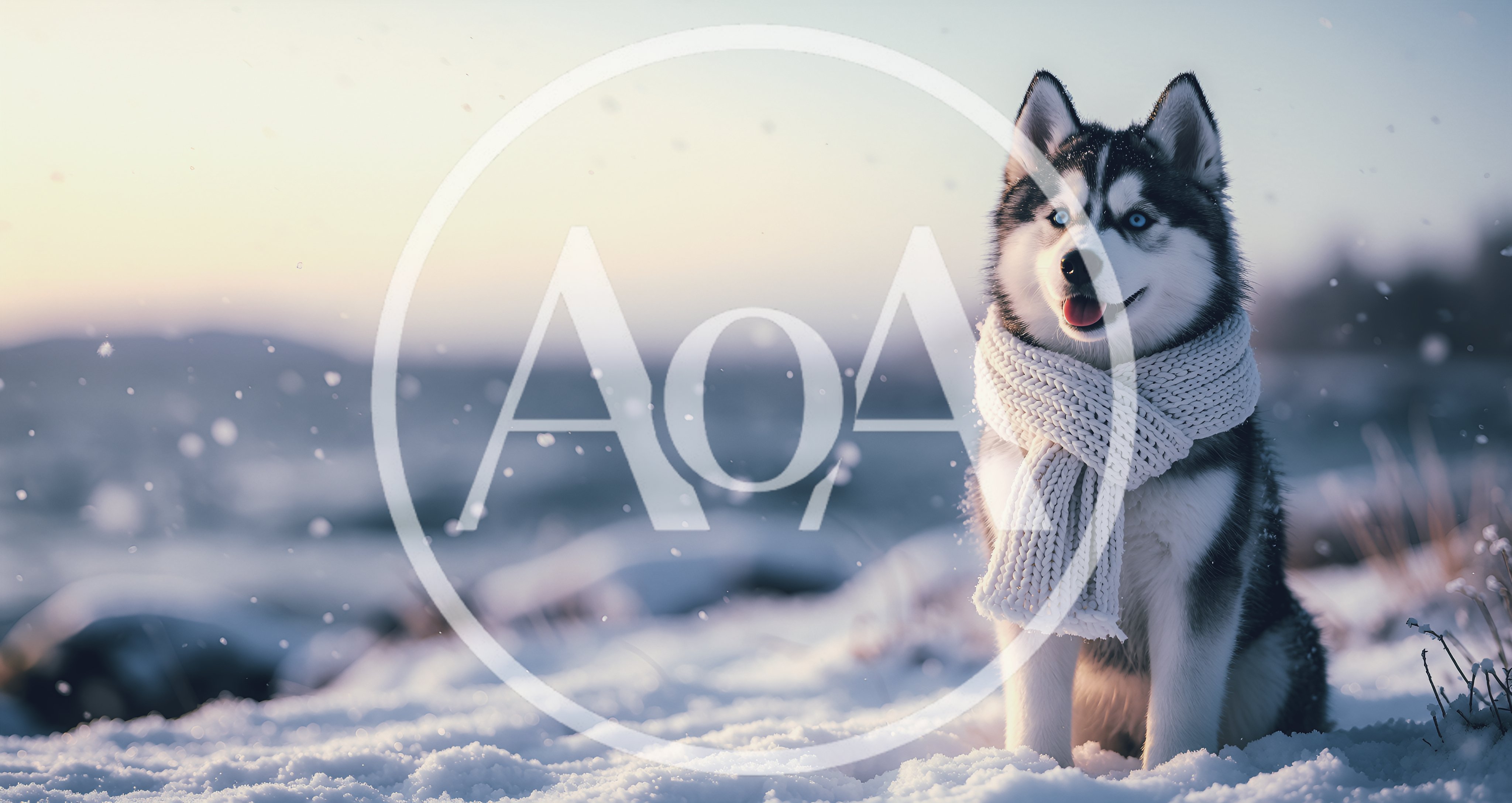 Siberian Husky Wearing A Scarf In Snowy Landscape