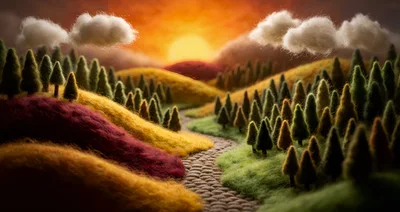 Felted Wool Landscape With Rolling Hills And Forest