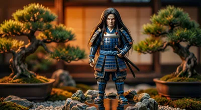 Samurai Warrior Figurine Standing In Zen Garden