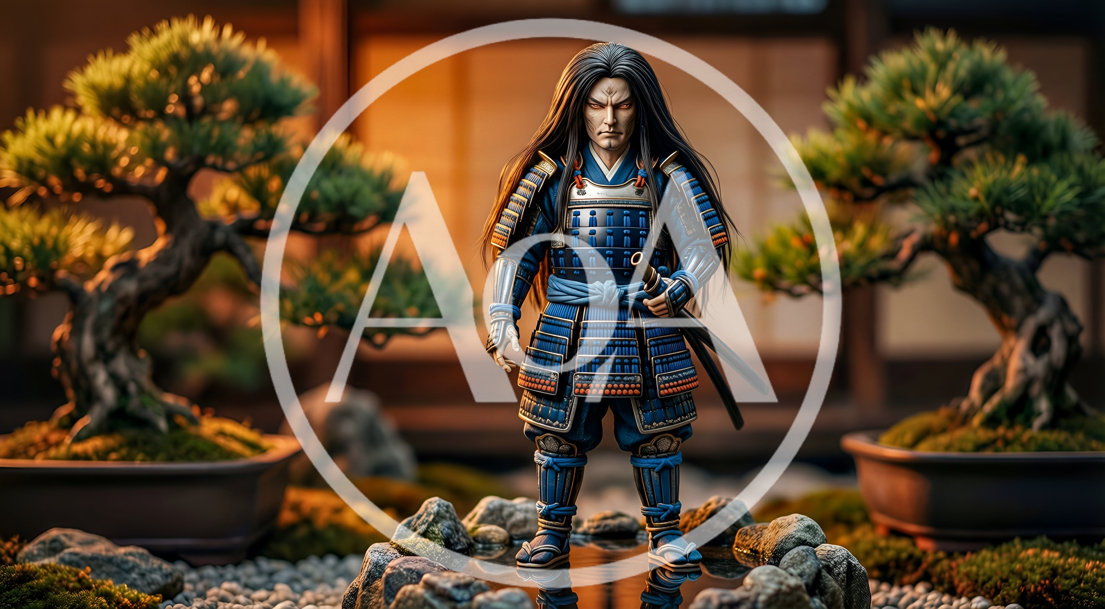 Samurai Warrior Figurine Standing In Zen Garden