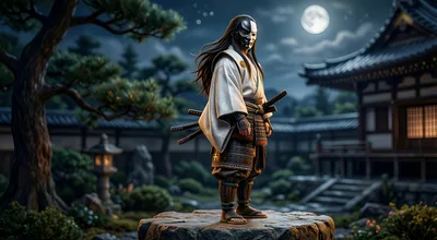 Samurai Warrior Standing On Stone In Traditional Garden