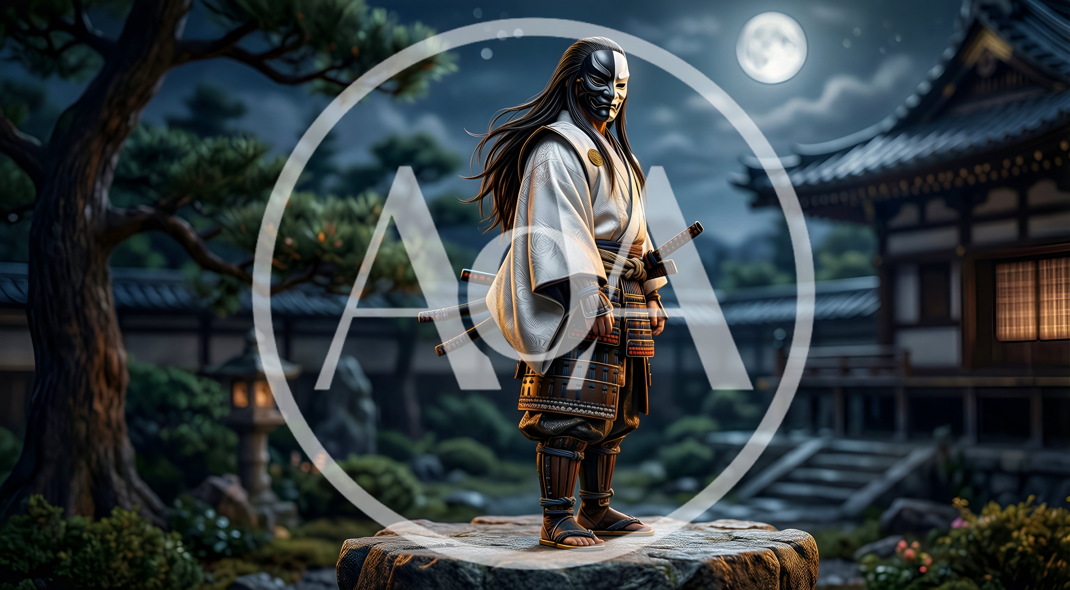 Samurai Warrior Standing On Stone In Traditional Garden