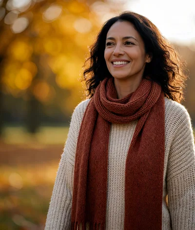 Smiling Woman Wearing A Scarf In Autumn Park