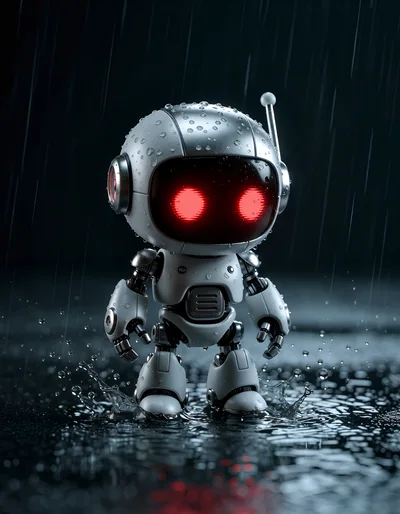 Small Robot Standing In The Rain